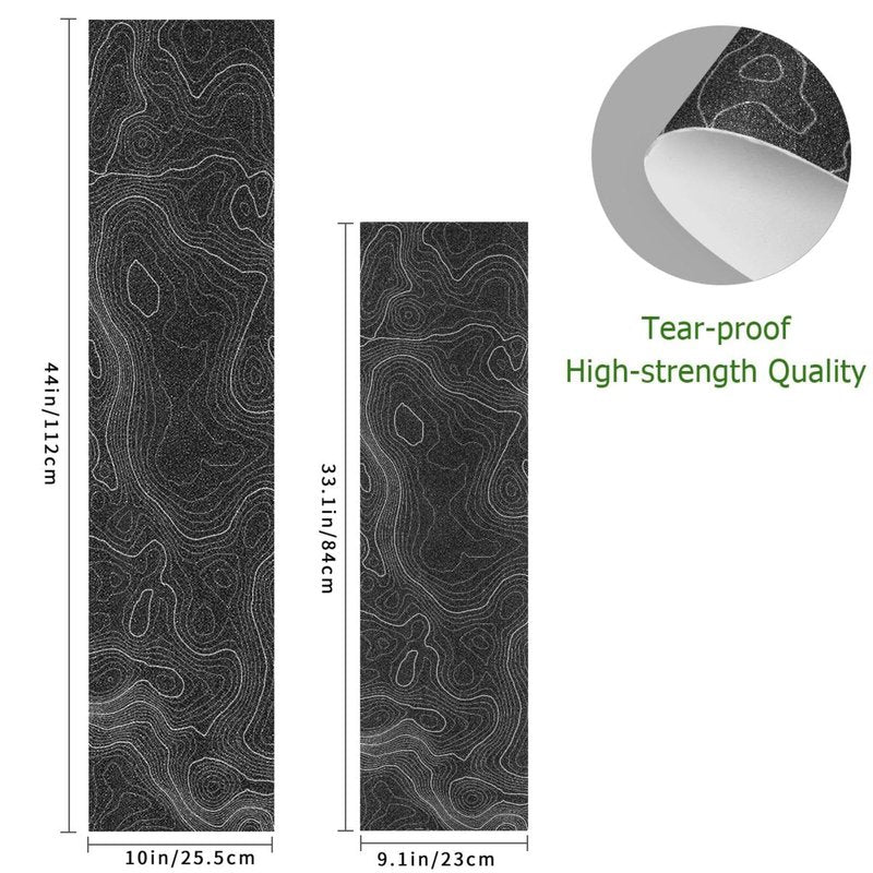Topographic Map Black Grip Tape With White Lines Contour Geographic Skateboard 33x9 Inch Non-Slip Sandpaper for Longboard Roller Board Stair Treads