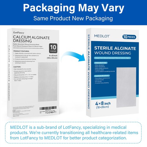 LotFancy Calcium Alginate Wound Dressing, 4”x8” Patches, 10 Count, Sterile Non-Stick Padding, Highly Absorbent Wound Dressings Pads for Emergency Care, Fast Healing