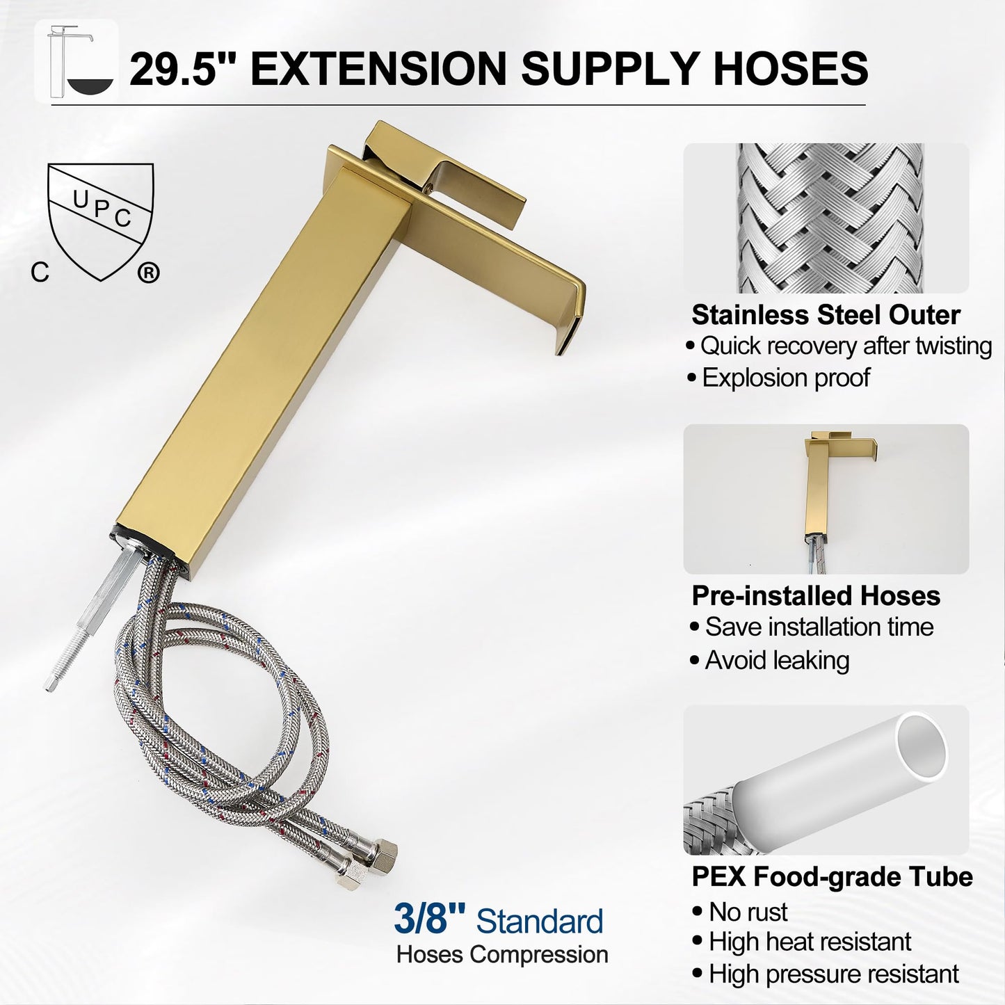 HEYMYTAP Gold Vessel Sink Faucet, Brass Waterfall Tall Faucet for Bathroom Sink 1 Hole with Pop Up Drain and Supply Hoses for Vanity Restroom Modern