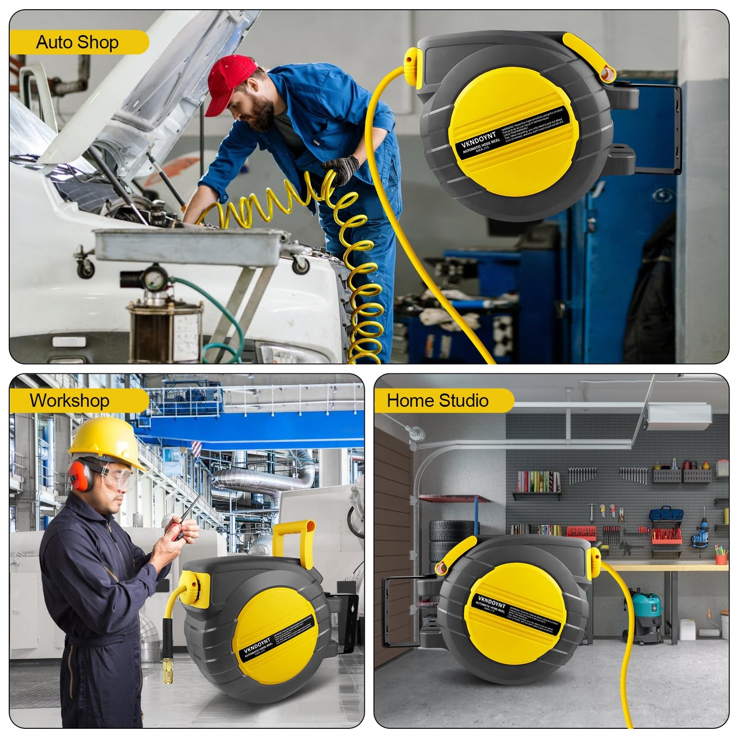 Retractable Air Hose Reel, 3/8 in x 50 FT Hybrid Polymer Hose, Air Compressor Hose Reel with 5 ft Lead in, Ceiling/Wall Mount Enclosed Air Reel, 180° Swivel Mount