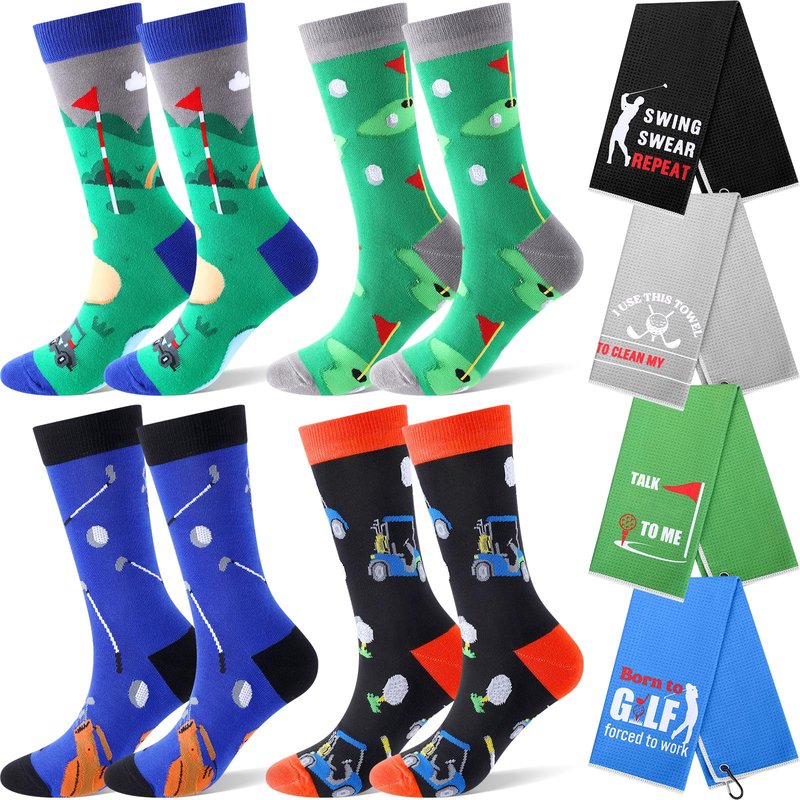 HunnmingRe 8 Pack Golf Gifts for Men 4 Pairs Golf Socks 4 Pcs Funny Golf Towel for Golf Bags Golf Socks Golf Accessories for Men Father's Day Gifts