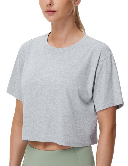 THE GYM PEOPLE Women's Workout Crop Top T-Shirt Short Sleeve Boxy Yoga Running Cropped Basic Tee Heather Grey