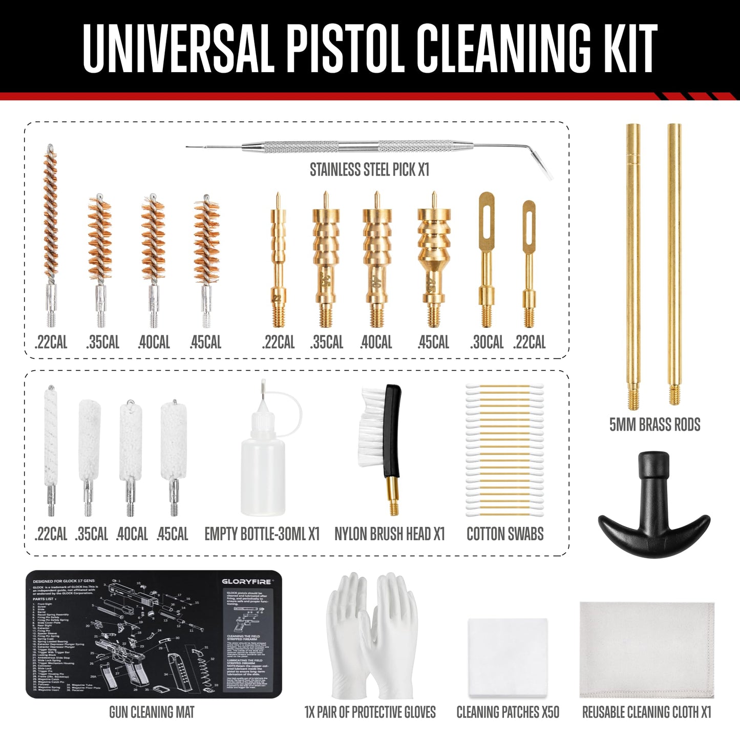 GLORYFIRE Gun Cleaning Kit Fits .22 .357/9mm .38 .40 .45 Cal Handguns & Pistols Compact Carrying Case Multiple Styles with Brass or Plastic Jags & Tips for Shooting and Range (Tactical Onyx)