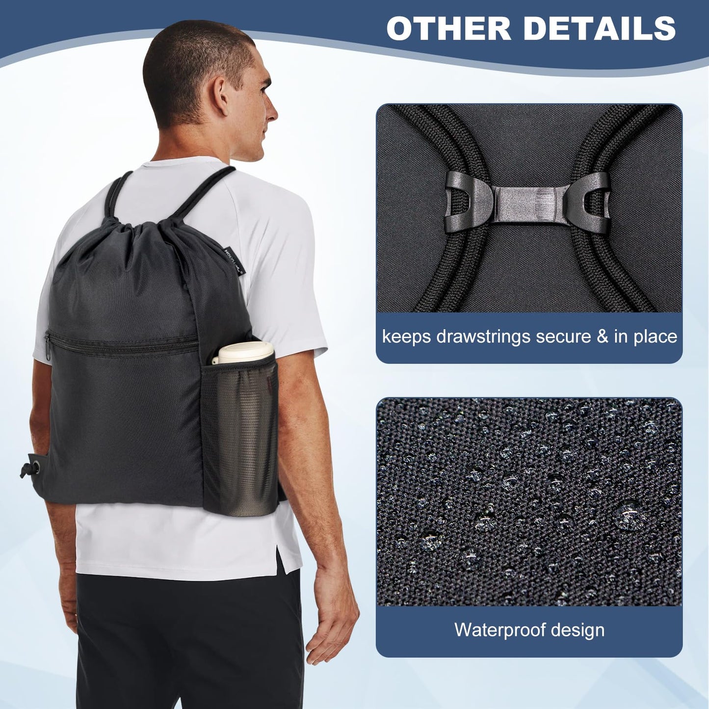 HOLYLUCK Men & Women Outdoor Sport Gym Sack Waterproof Drawstring Backpack Bag (Standard with drawstring, Black)
