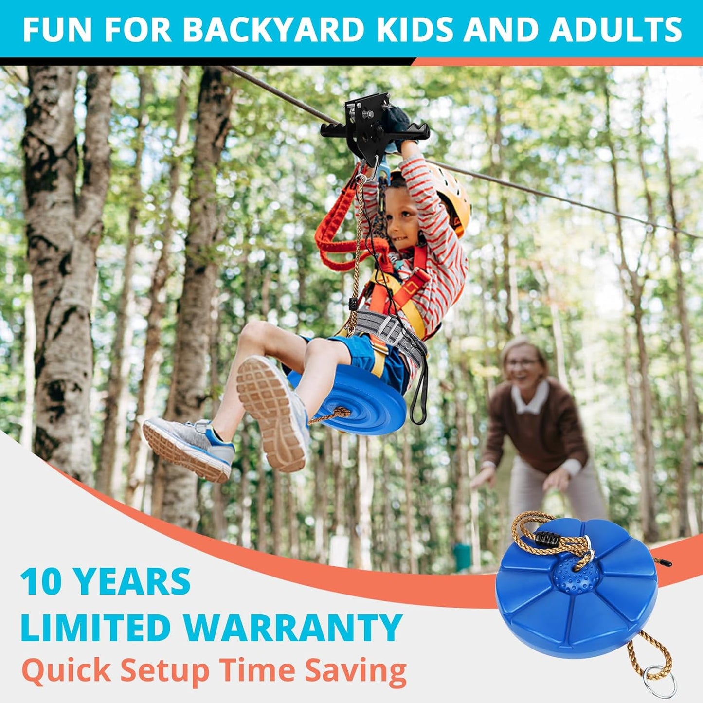 Zip Line Kit - 100FT to 200FT for Kids & Adults | Up to 380Lbs - Rust-Proof Trolley with Spring Brake