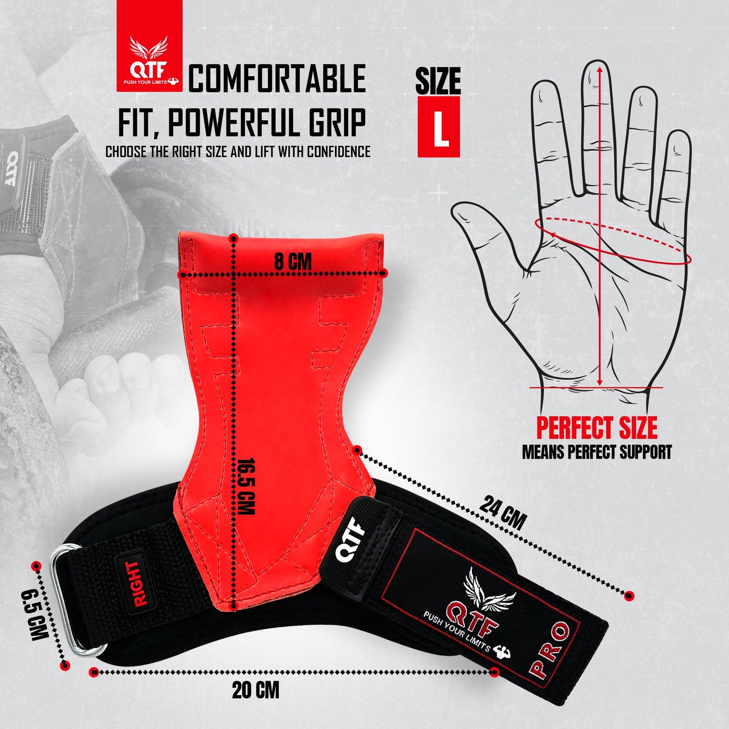 QTF Weight Lifting Grips (Pair) for Heavy Powerlifting, Wrist Straps for Deadlifts, Rows, Pull Ups, with Neoprene Padded Wrist Wraps Support and Strong Rubber Gloves or Straps for Bodybuilding. (Black, L)