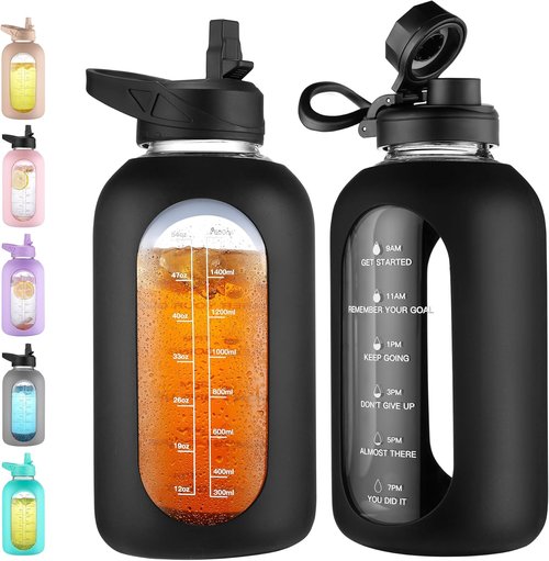 CIVAGO 64 oz Glass Water Bottle - Motivational Sports Jug with Straw & Handle | Black Silicone Sleeve