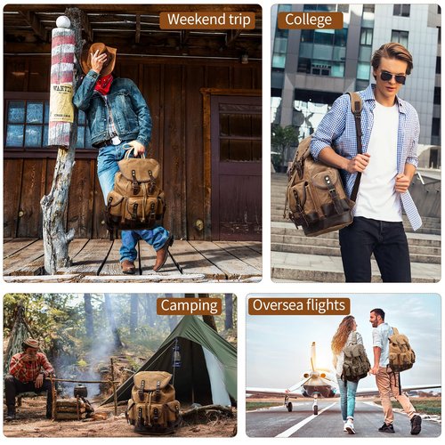 Wogarl Leather Backpack for Men, Waxed Canvas Vintage Backpack Rucksack for Business College Travel Hiking Shoulder Daypacks With Toiletry Bag(Khaki)