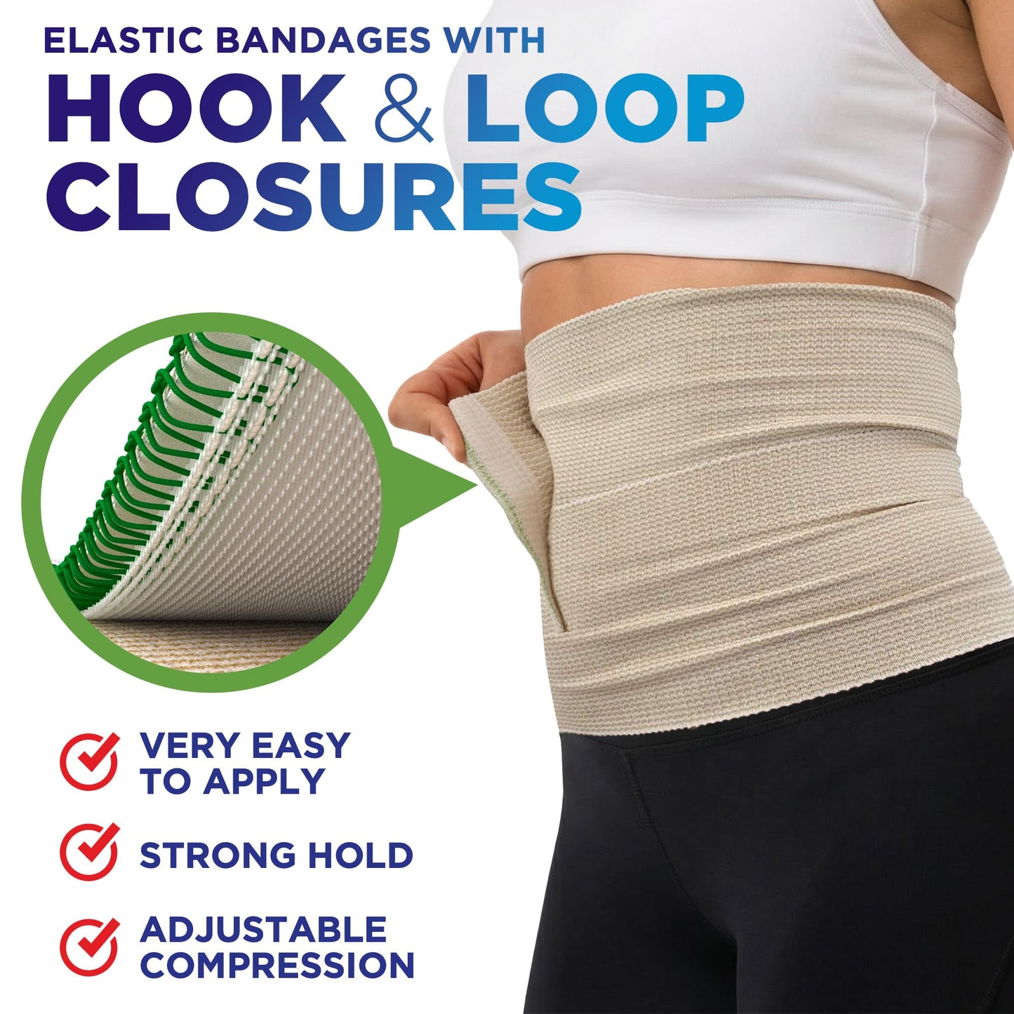 Premium Elastic Bandage Wrap - 6” (5pk) - Strong Compression - Self-Closing Reusable Bandages for Legs, Knee, Back, Abdomen, Lymphedema - Body Wrap - for First Aid Kit and After Surgery Recovery