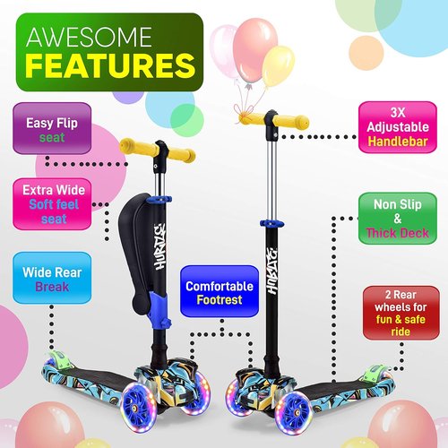 Hurtle Kids Scooter - Foldable 3-Wheel Kick Scooter with Adjustable Height & Flashing Lights | For Ages 1-12