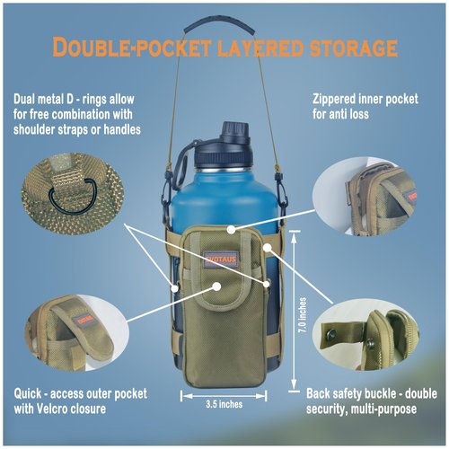 EVOTAUS MOLLE Water Bottle bag - Bottle Holder Carrier Sling with Strap for Walking - Manual Strap Adjustment for Precise Fit of Most 18-64 oz Bottles (Check Size Fit Guide), Khaki