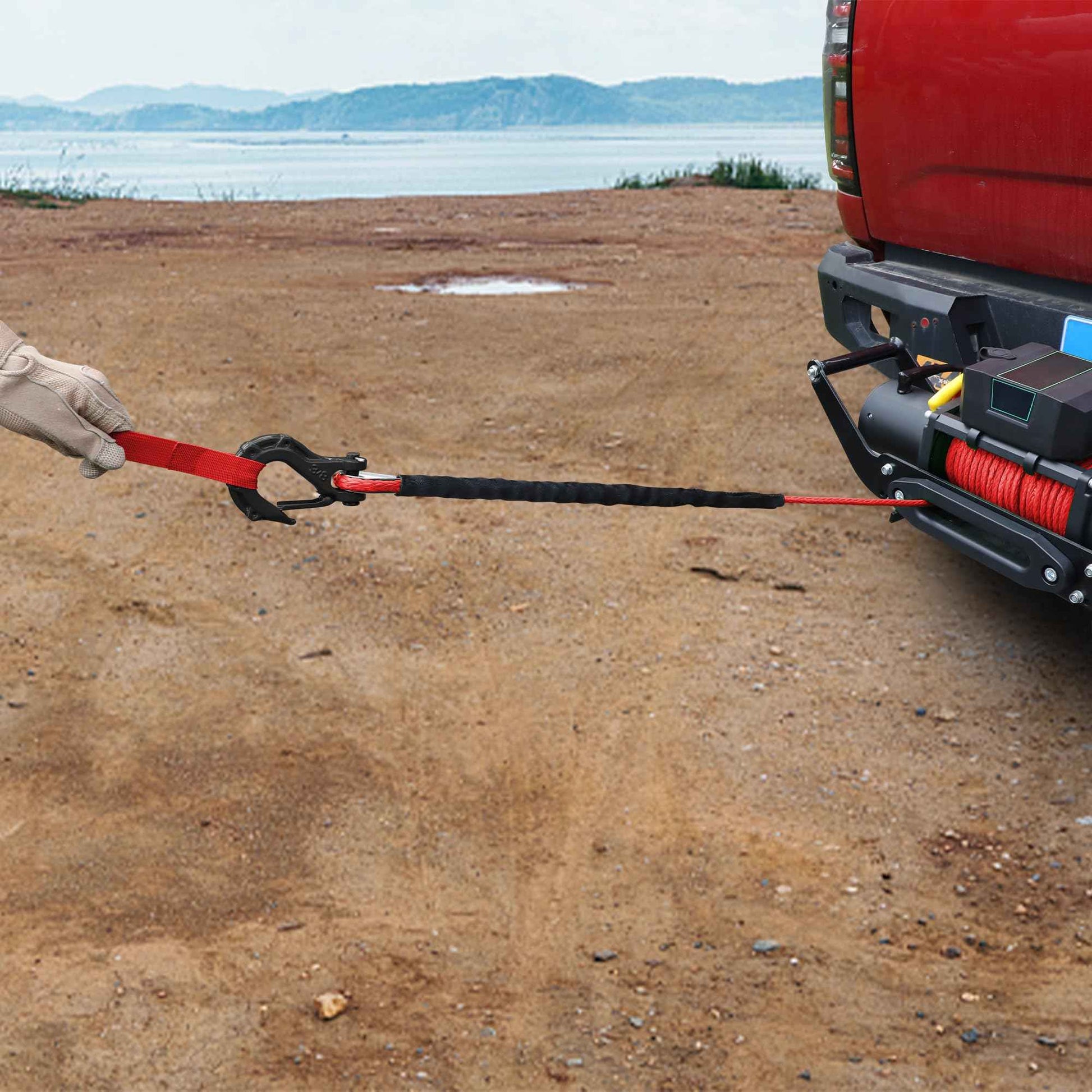 XPV 3/8" x 100ft Synthetic Winch Rope 23,809lbs Dyneema Winch Line Cable Rope with Hook and Sleeve Protection Red