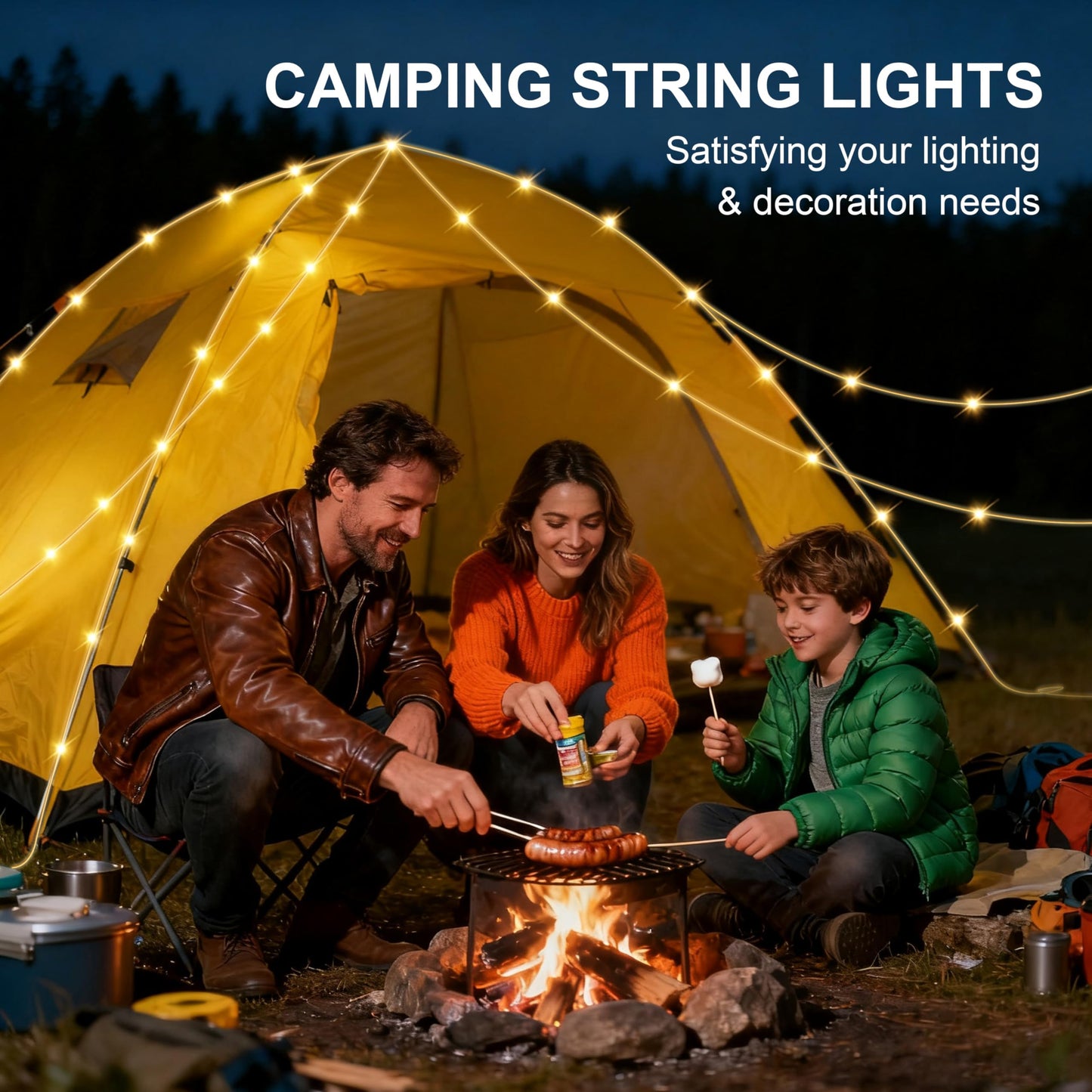 Solar Camping String Lights, Retractable Waterproof 33FT LED Camp Light with 8 Light Modes, Rechargeable 3000mAh Battery Powered Fairy Lights with Remote for Outdoor, Tent, RV, Patio, Awning, Party