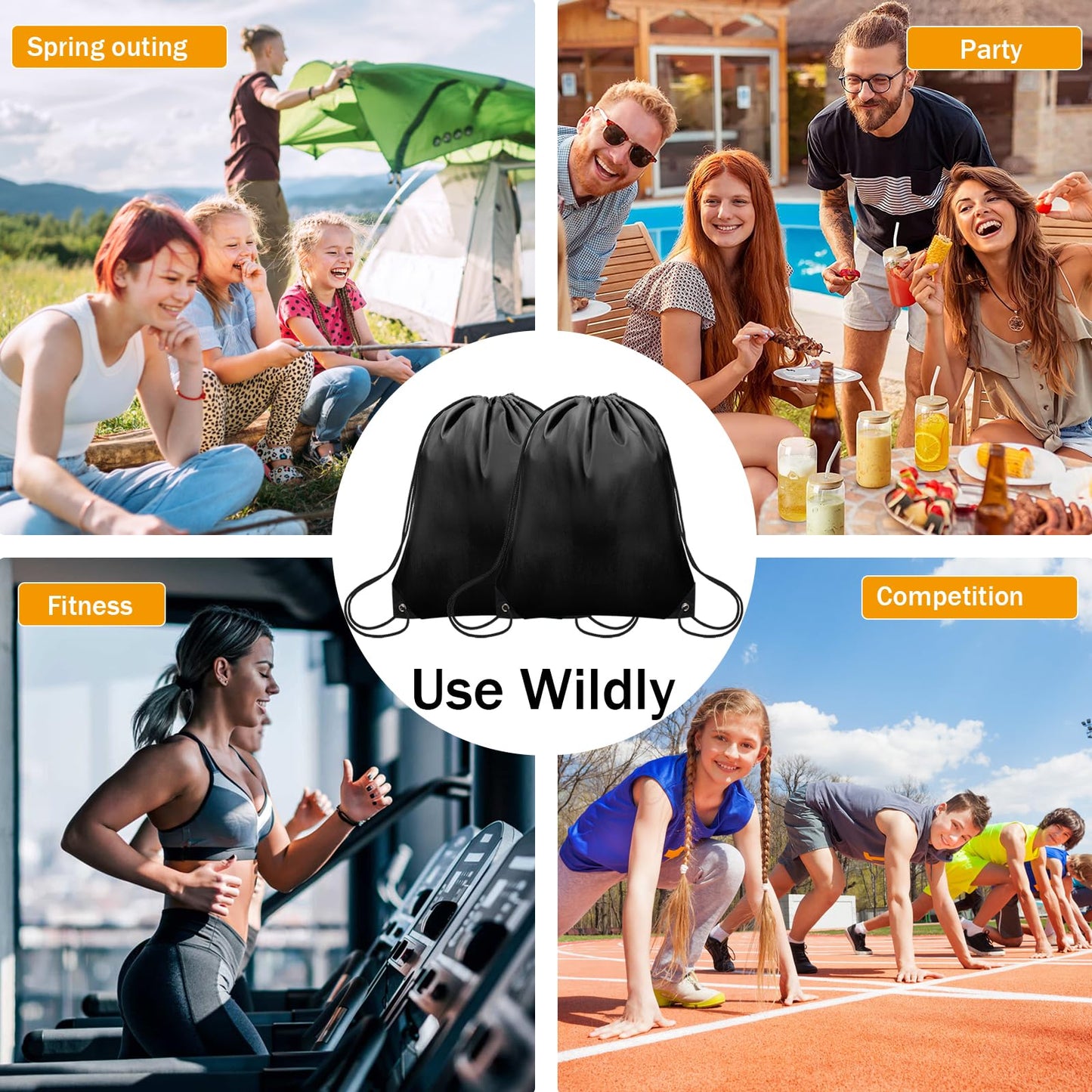 Grneric 4Pcs Drawstring Bags Bulk, Drawstring Backpack Polyester String Bag Cinch Bag for Gym Yoga Sports Party Short Trip （Black&White）