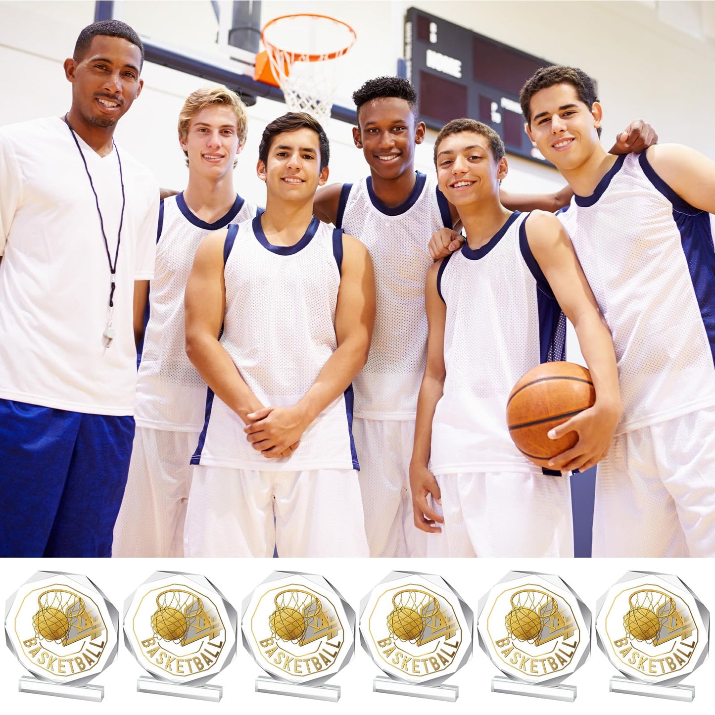 Anglechic 6 Pack Basketball Trophy Acrylic Gold Basketball Award Medals 4.72 x 4.72 Inch Sports Contest Trophies Bulk Plaques Team Prize Gift Trophies for Team Competition