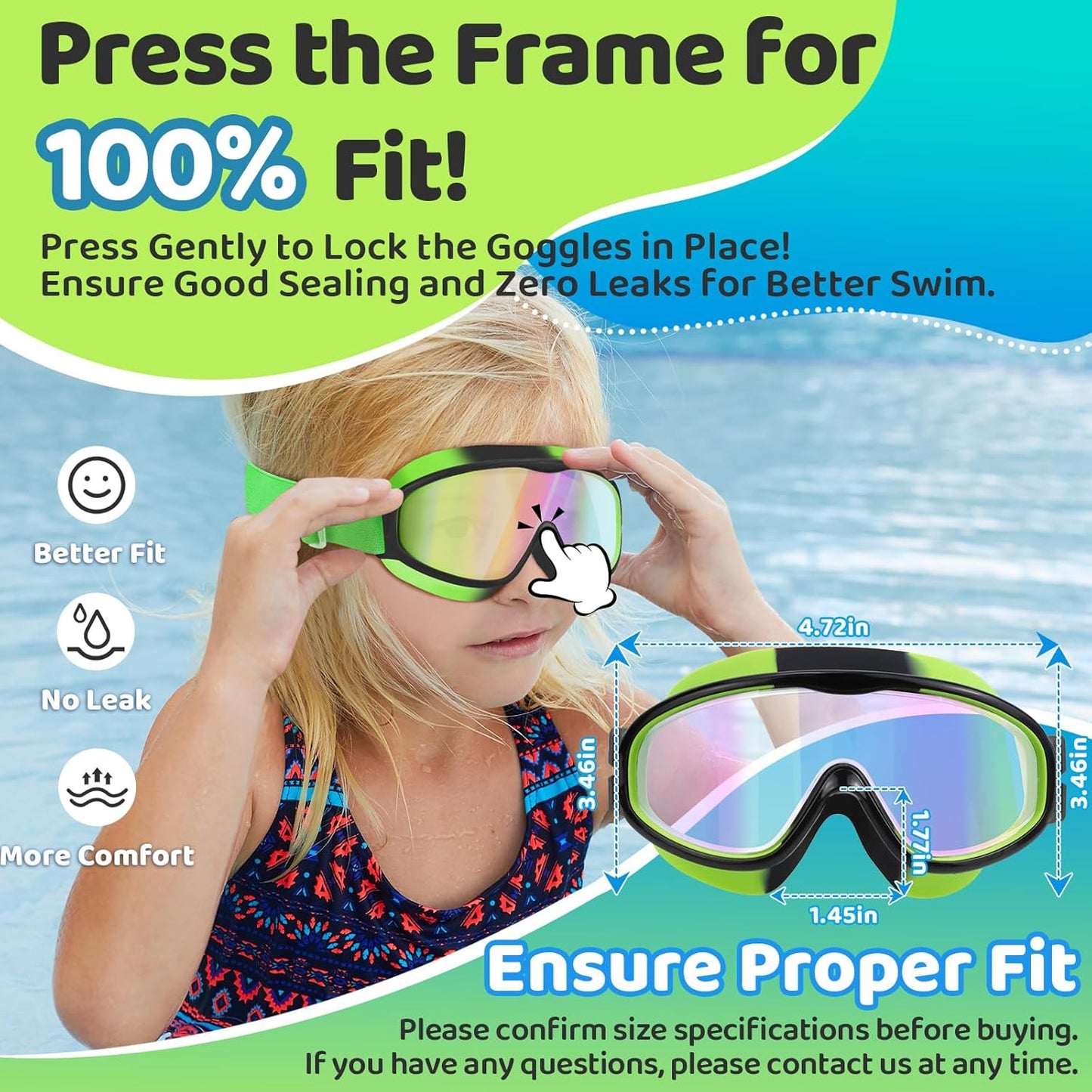 Vvinca Kids Swim Goggles - Wide View Anti-Fog & UV Protection | Comfortable Fabric Strap for Ages 3-14