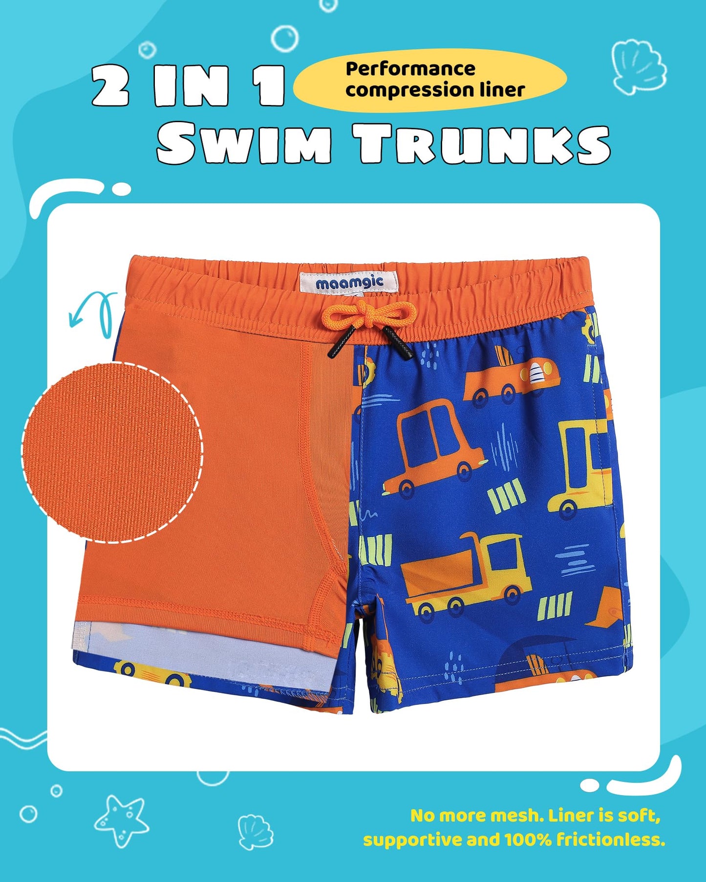 maamgic Boys Swim Trunks with Compression Liner Toddler Stretch Swim Shorts Quick Dry Swimming Trunks Boxer Brief 2 in 1 Beach Shorts Blue Vehicle 14/16