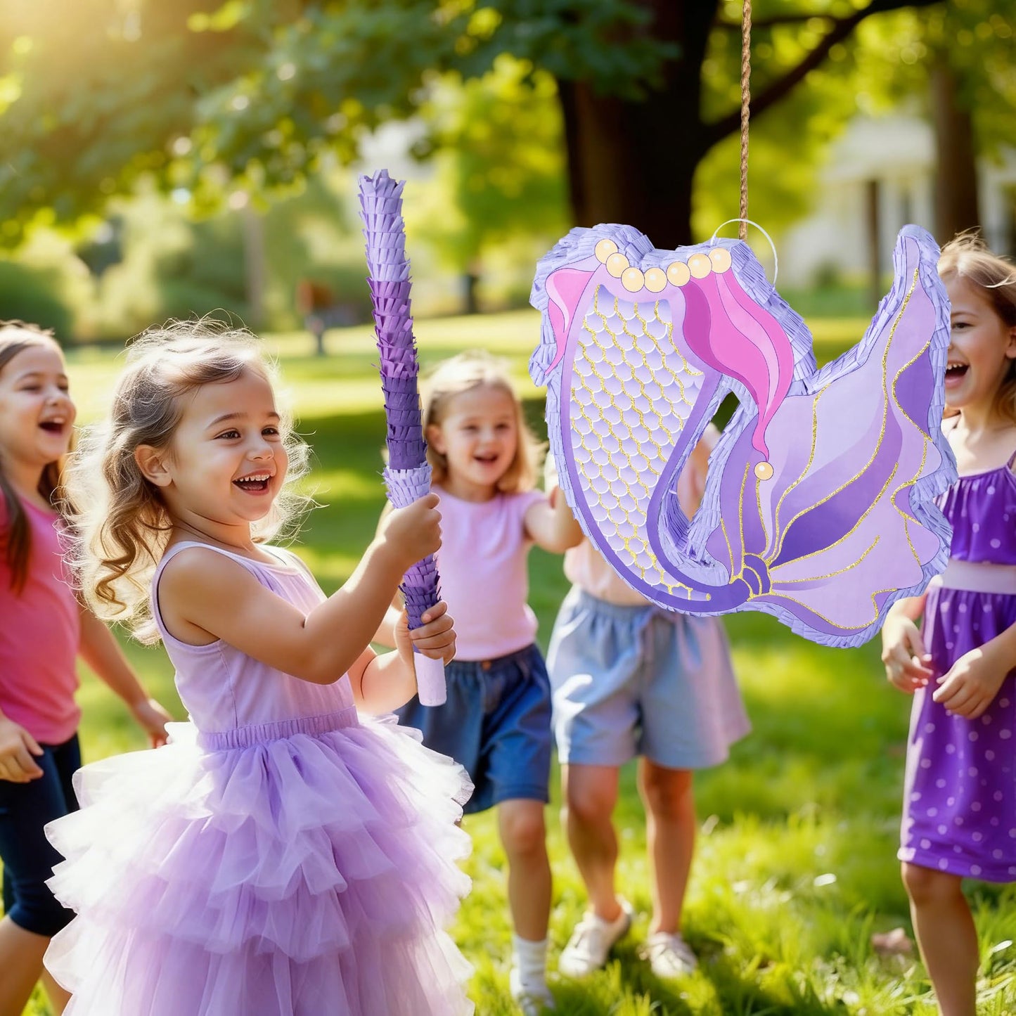 PCFING 18 Inch Mermaid Tail Piñata with 30 Inch Piñata Stick Blindfold Confetti for Boy Girl Ocean Birthday Party Game Decorations, Anniversary Celebration, Fiesta