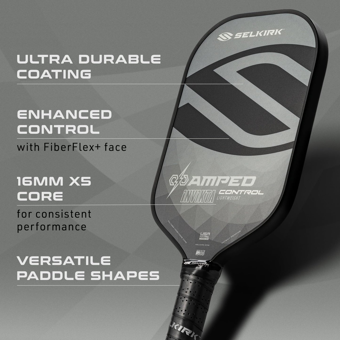 Selkirk Sport Amped Control Pickleball Paddle | Assembled in the USA | Next-Gen FiberFlex+ Face & Ultra Durable Spin Coating | 16mm X5 Core for Unrivaled Precision & Control | Invikta Lightweight Gray