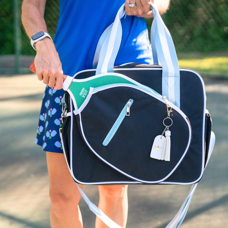 Queen of the Court Prepster Pickleball Bags for Women with Fence Hook - Cute Yet Functional Black Pickleball Tote Bag with Compartments for Water Bottle, Paddles, Balls & Accessories (Black)