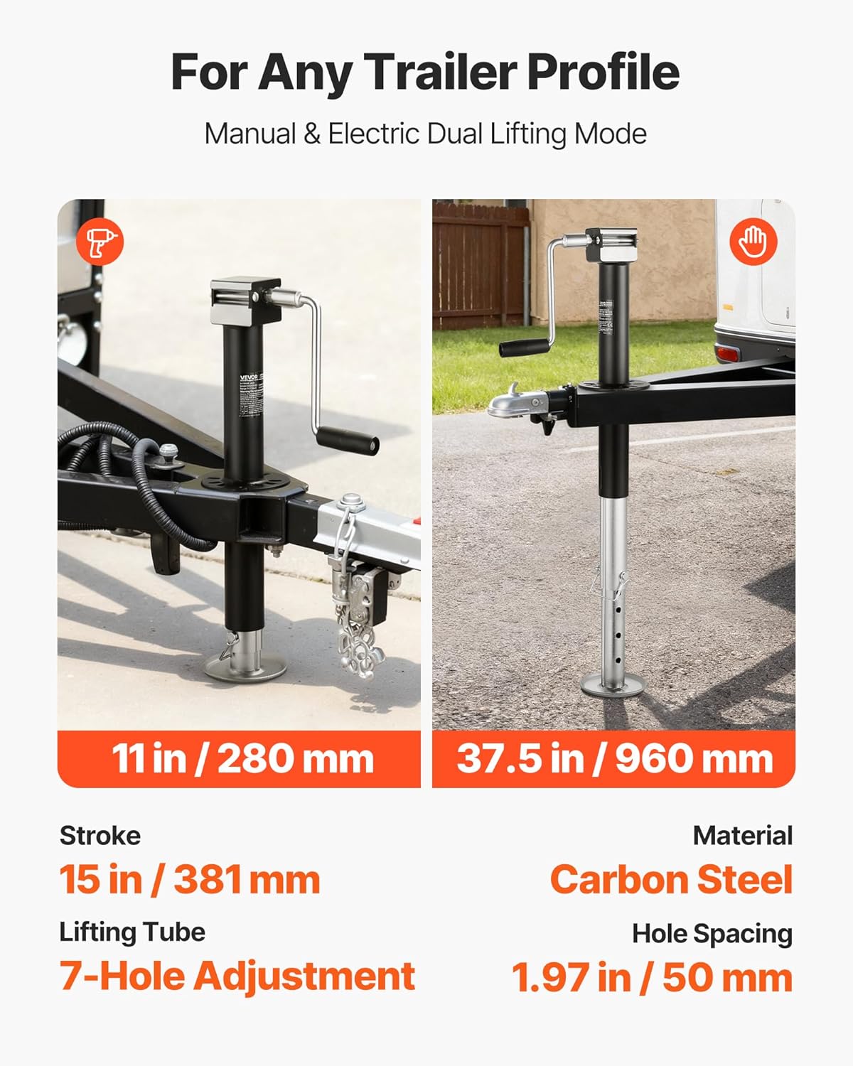 VEVOR 5000 lbs A-Frame Trailer Jack - 15-Inch Vertical Travel with Adjustable Drop Leg & Drill Socket