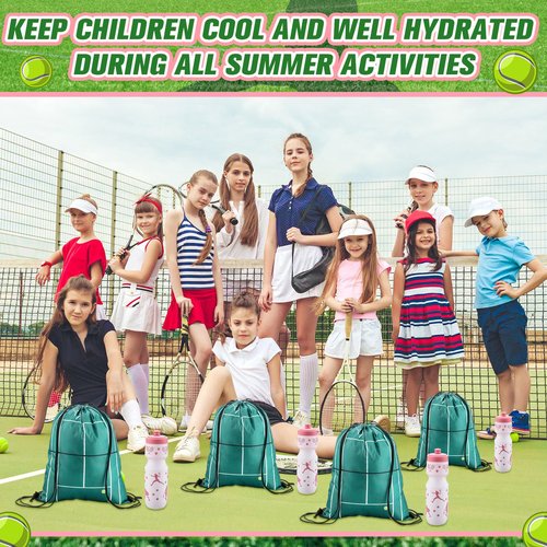 Talltalk 12 Pcs Tennis Party Favors Tennis Water Bottle with Bags Bulk Drawstring Bag Gift Goodie Treat Bags 24 oz Water Bottle Cup for Team Theme Accessories Sports Party Supplies Gift