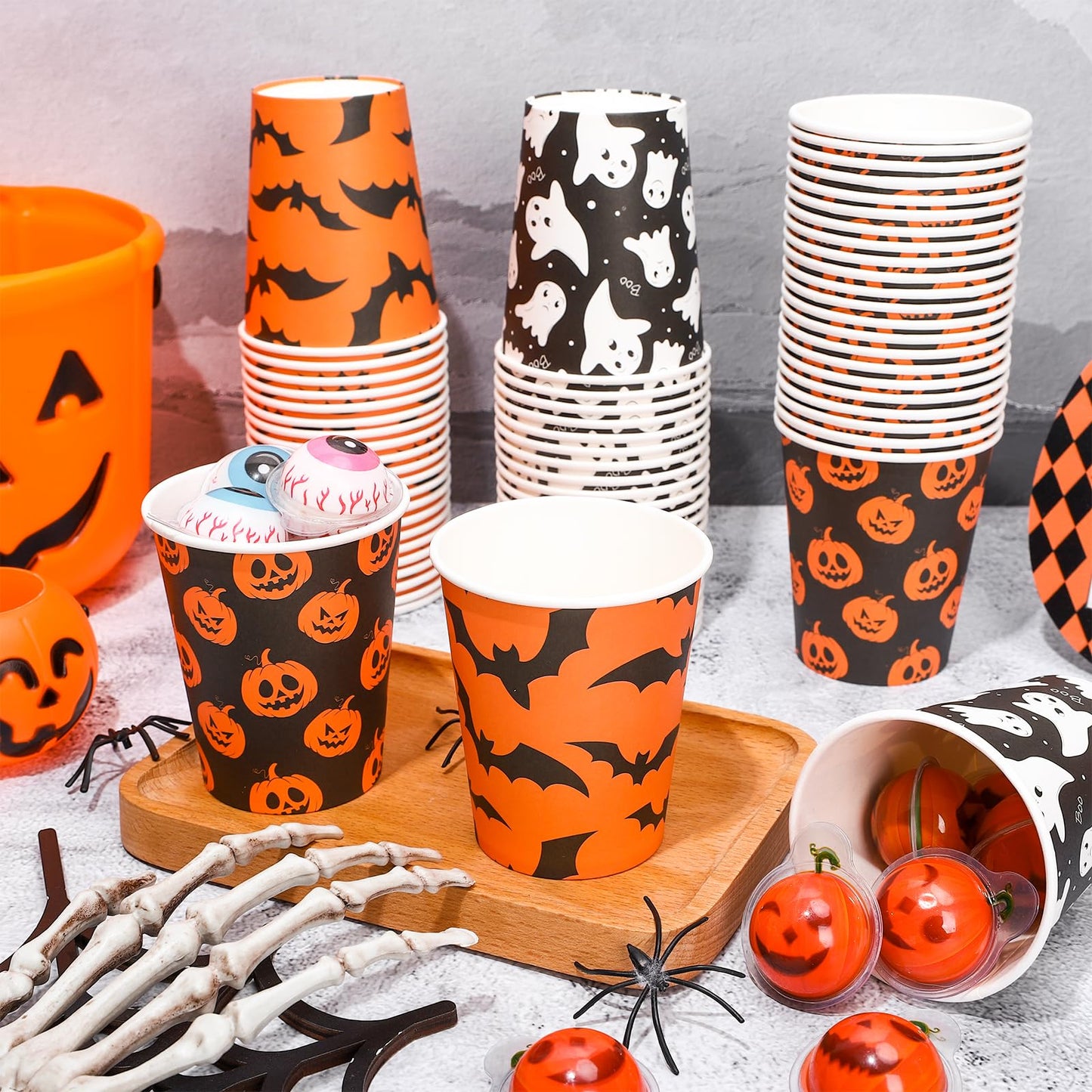 Whaline 120Pcs Halloween Paper Cups Pumpkin Ghost Bats Disposable Cups 3 Designs Black Orange Party Cups for Cold Hot Drink Table Decor Supplies, 9 Oz