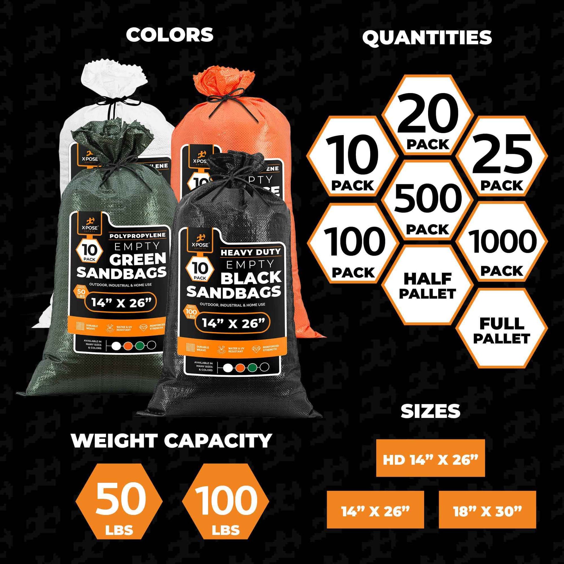 Xpose Safety Heavy Duty Sand Bags with Tie Strings – Empty Woven Polypropylene Sandbags for Hurricane Flood Protection, 100 lb Capacity, 14" x 26", Black, Pack of 100