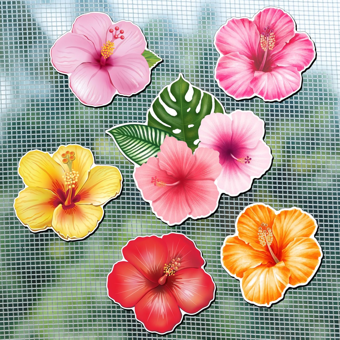 Konohan 12 Pcs/6 Pairs Screen Door Magnets Hibiscus Tropical Flower Double Sided Screen Door Magnetic Flexible Protector Decorative Magnets for Summer Window Sliding Doors