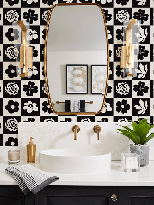 Ismoon Black and White Wallpaper Modern Peel and Stick Wallpaper Checkerboard Plaid Contact Paper Floral Geometric Stick on Wall Paper Removable Self Adhesive Vinyl Roll for Bedroom, 17.3inx9.8ft