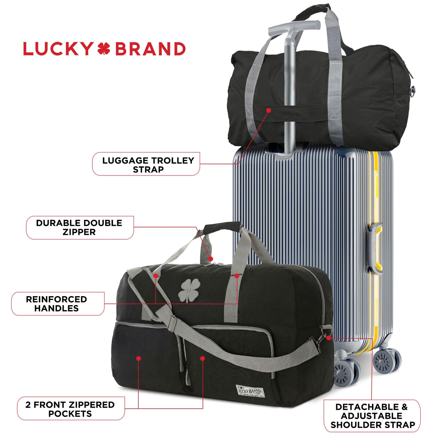 Lucky Brand Unisex Large Duffle Bag, Adjustable Strap, Foldable Weekender Bag