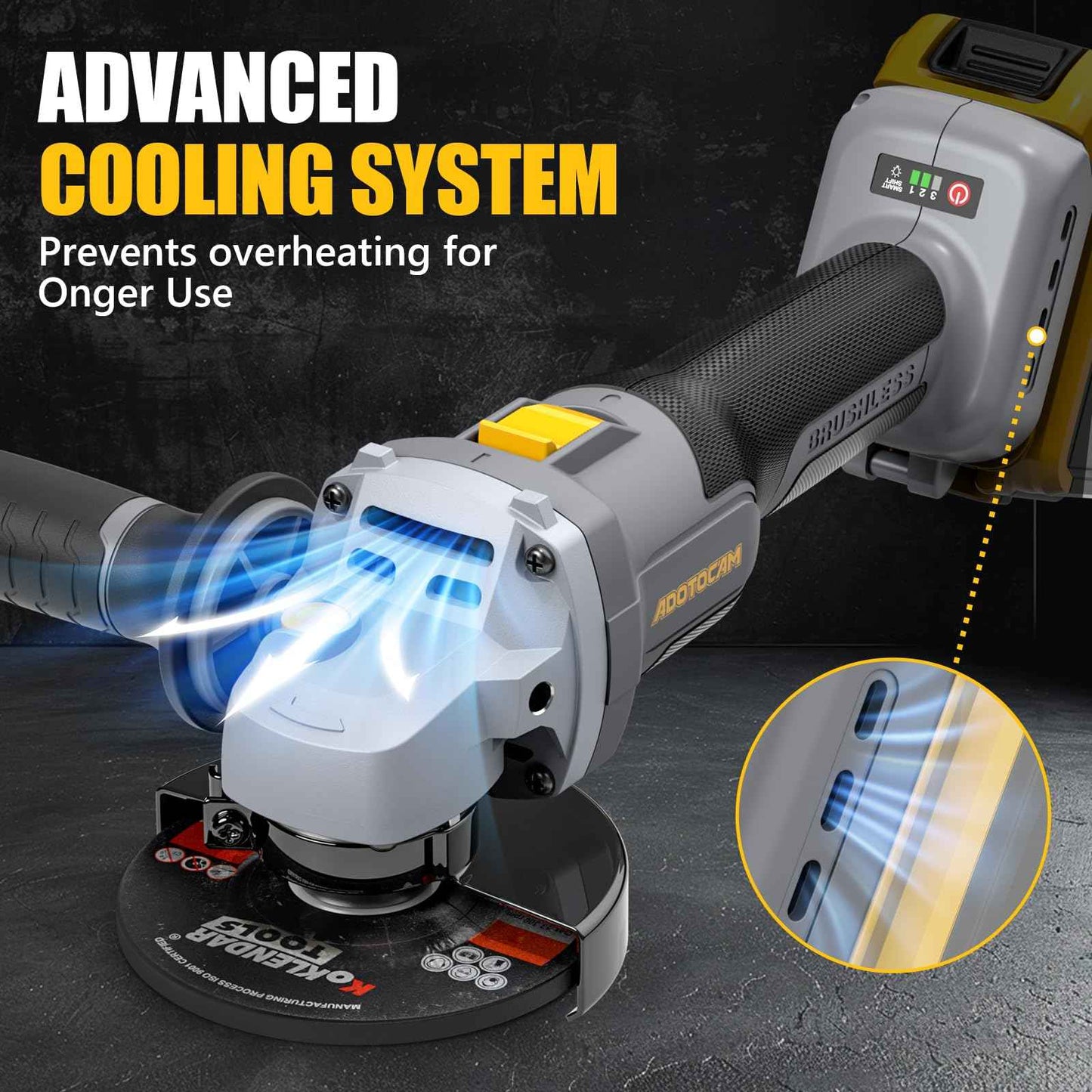 ADOTOCAM Angle Grinder, 20V Brushless Cordless, 4-1/2 Inch, Compatible with Dewalt Battery (No Battery), with Metal Grinding Wheel, for Cutting, Grinding, Polishing, Carving