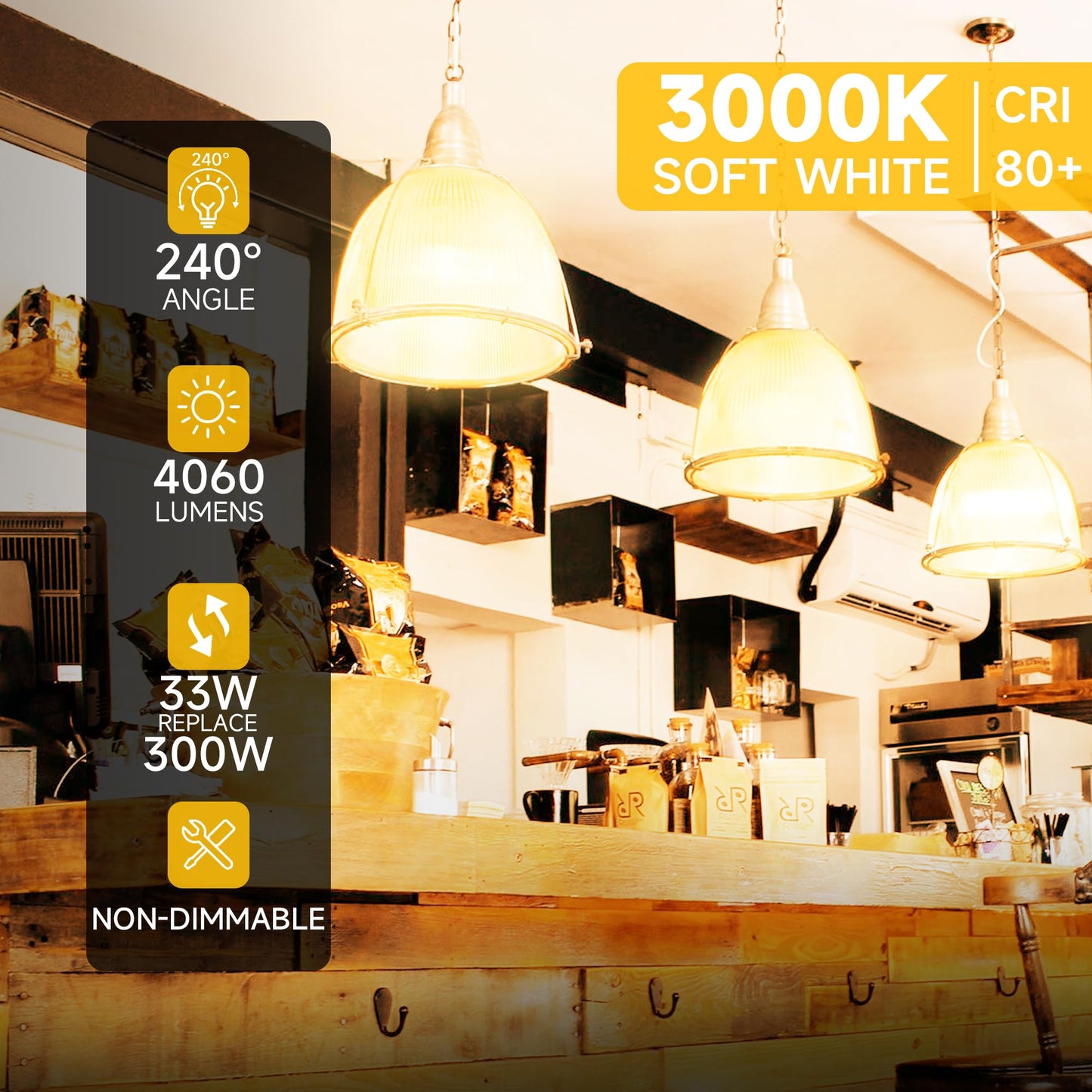 Prosperbiz 300W Equivalent LED Light Bulb, Super Bright 4060 Lumen Warm White 3000K, A23 E26 Medium Base 33 Watt LED Bulb for Garage Warehouse Workshop Backyard Patio Street Supermarket, 1-Pack