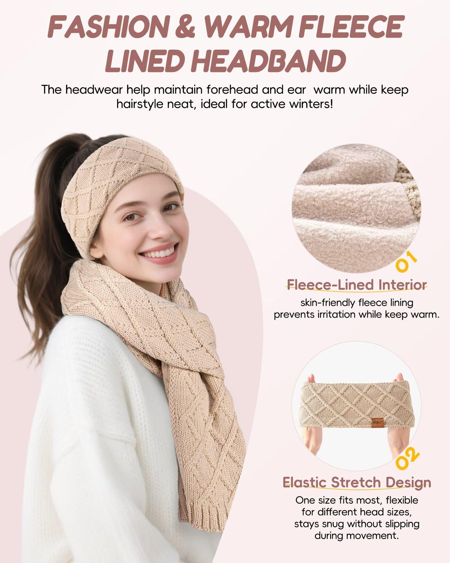 Womens Winter Hat Gloves Scarf Headband Set, Pom Pom Beanie with Fleece Lined Long Knit Neck Scarf Touchscreen Gloves Ear Warmer Headwear, 4 in 1 Warm Christmas Set for Cold Weather(Oatmeal)