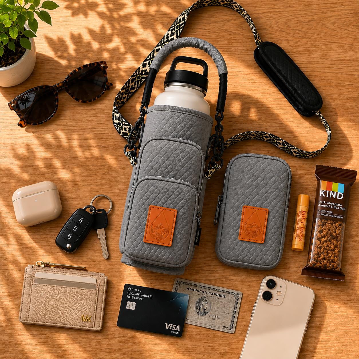 Travola Water Bottle Holder with Strap - RFID Protection for Women - Crossbody Water Bottle Bag for Sports Moms with Adjustable Strap Fits 40 oz - Hands Free Carrier for Hiking and Walking Grey