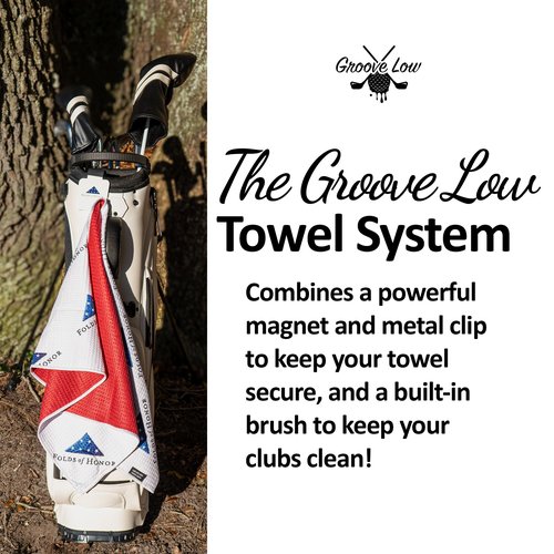 Groove Low Golf Towel with Magnet, Metal Clip and Brush - 40" L x 16.9" W, Extra Large Microfiber Magnetic Towel for Golf Bags, Brush to Keep Your Gear Clean, Army