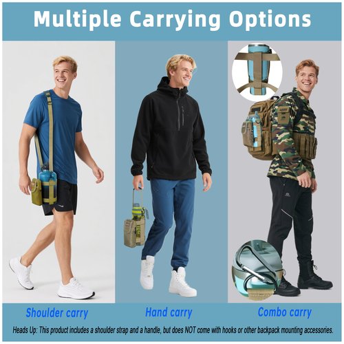 EVOTAUS MOLLE Water Bottle bag - Bottle Holder Carrier Sling with Strap for Walking - Manual Strap Adjustment for Precise Fit of Most 18-64 oz Bottles (Check Size Fit Guide), Khaki