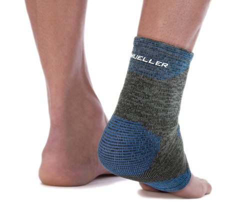 MUELLER Sports Medicine FIR 4-Way Ankle Support Sleeve, Ankle Pain Relief Support for Men and Women, Ideal for Sprains, Strains, Arthritis, Black/Blue, Medium/Large