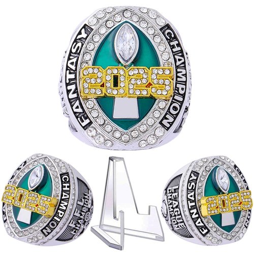 2025 Fantasy Football Championship Ring Heavy FFL Champion Trophy Ring Award Trophy for Fantasy Football League Winner (Ring and Stand Together, Size 10)