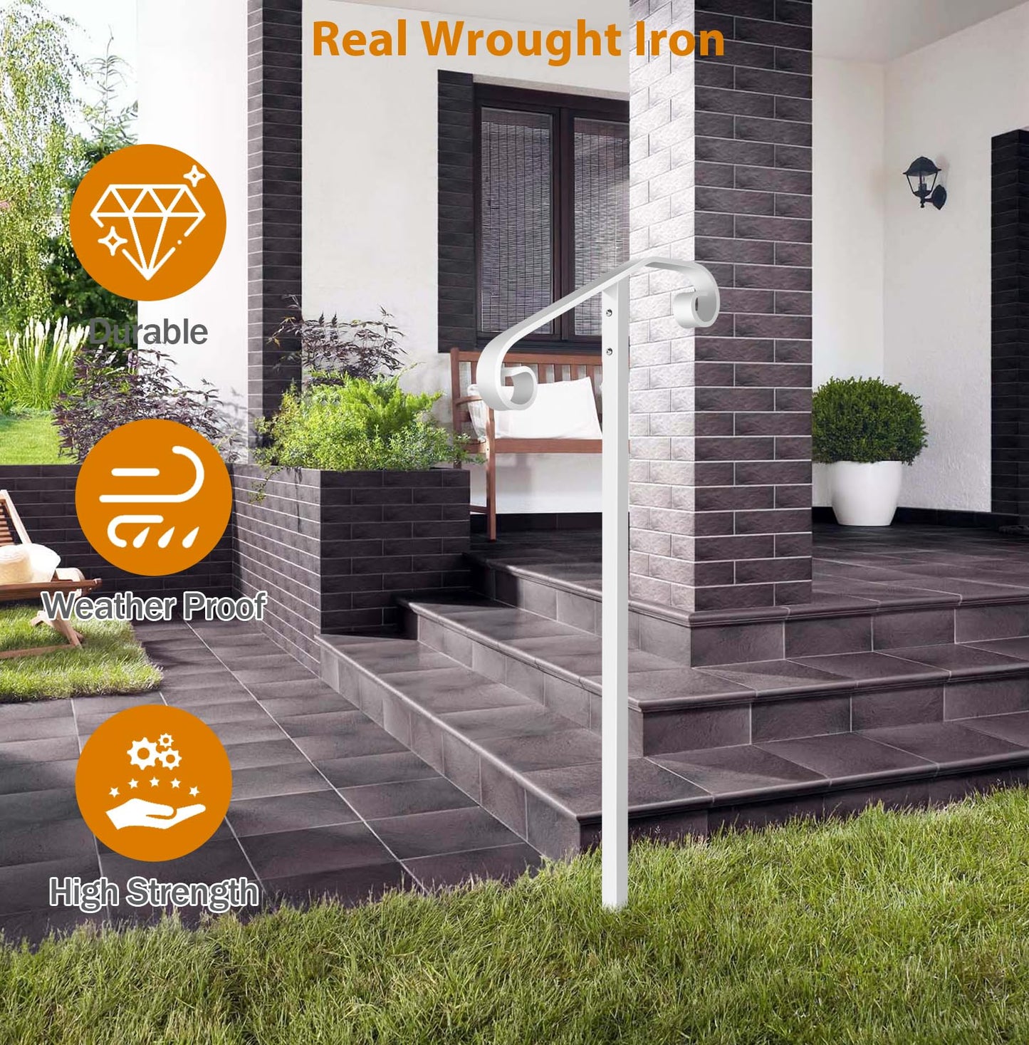 Zwinz Handrail Railing, In-Ground Single Post Handrail, Wrought Iron Stair Handrail Grab Rail for Steps Porch,Sturdy Outdoor Handrails, Long Post Fits 1 or 2 Steps, White