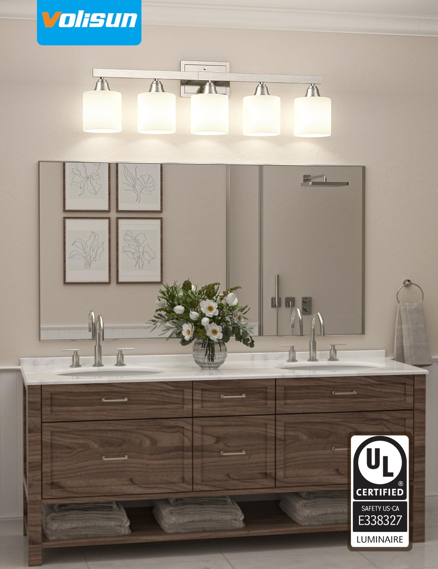 VOLISUN Brushed Nickel Bathroom Light Fixtures, 5-Light Bathroom Vanity Lights Over Mirror, Modern Vanity Light for Bathrooms, Bathrooms Lights Fixtures Over Mirror with Milky White Glass Shades