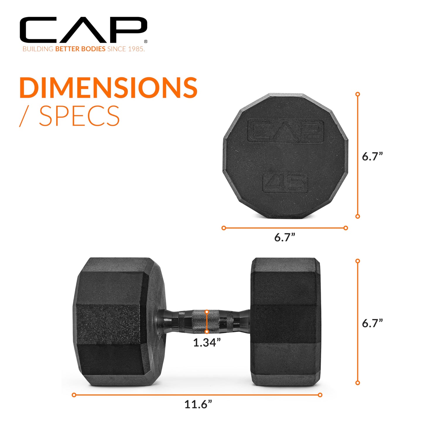 CAP 45 LB 12-Sided Rubber Coated Dumbbell Weight, Rubber Free Weights for Home Gym Strength Training, Black Oxide Handle, Single