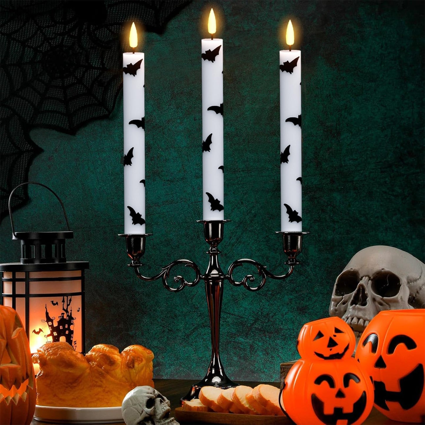 Wondise Halloween Flameless Taper Candles with Remote & Timer, 4 Pack Bats Battery Operated Real Wax 3D Flame LED Flickering Candles for Halloween Table Decorations