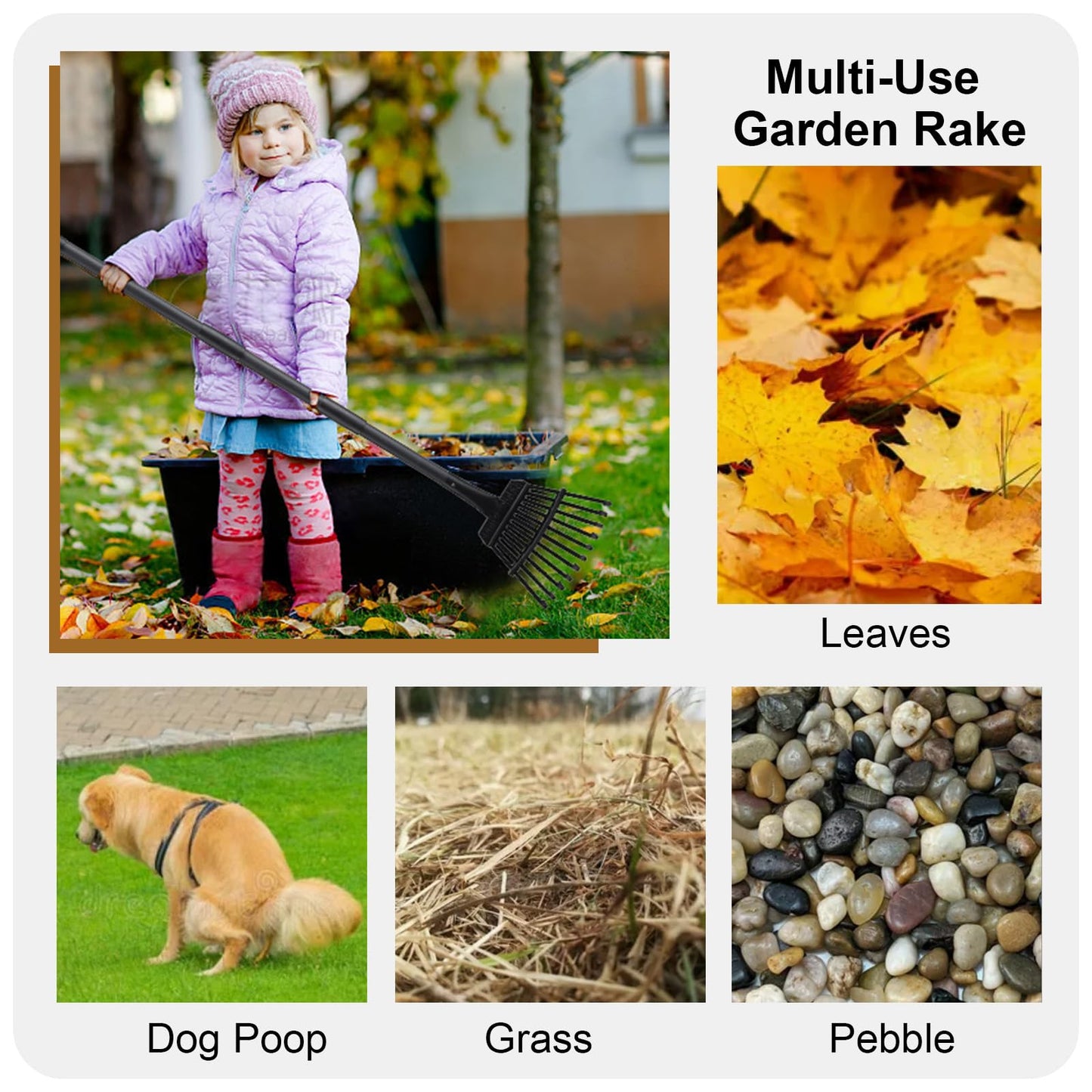 Small Rake for Leaves, 11 Metal Tines Narrow Leaf Rake, 60'' Leaf Rakes for Lawns with Adjustable Steel Handle for Camping Flower Beds Mulch Shrub, Black