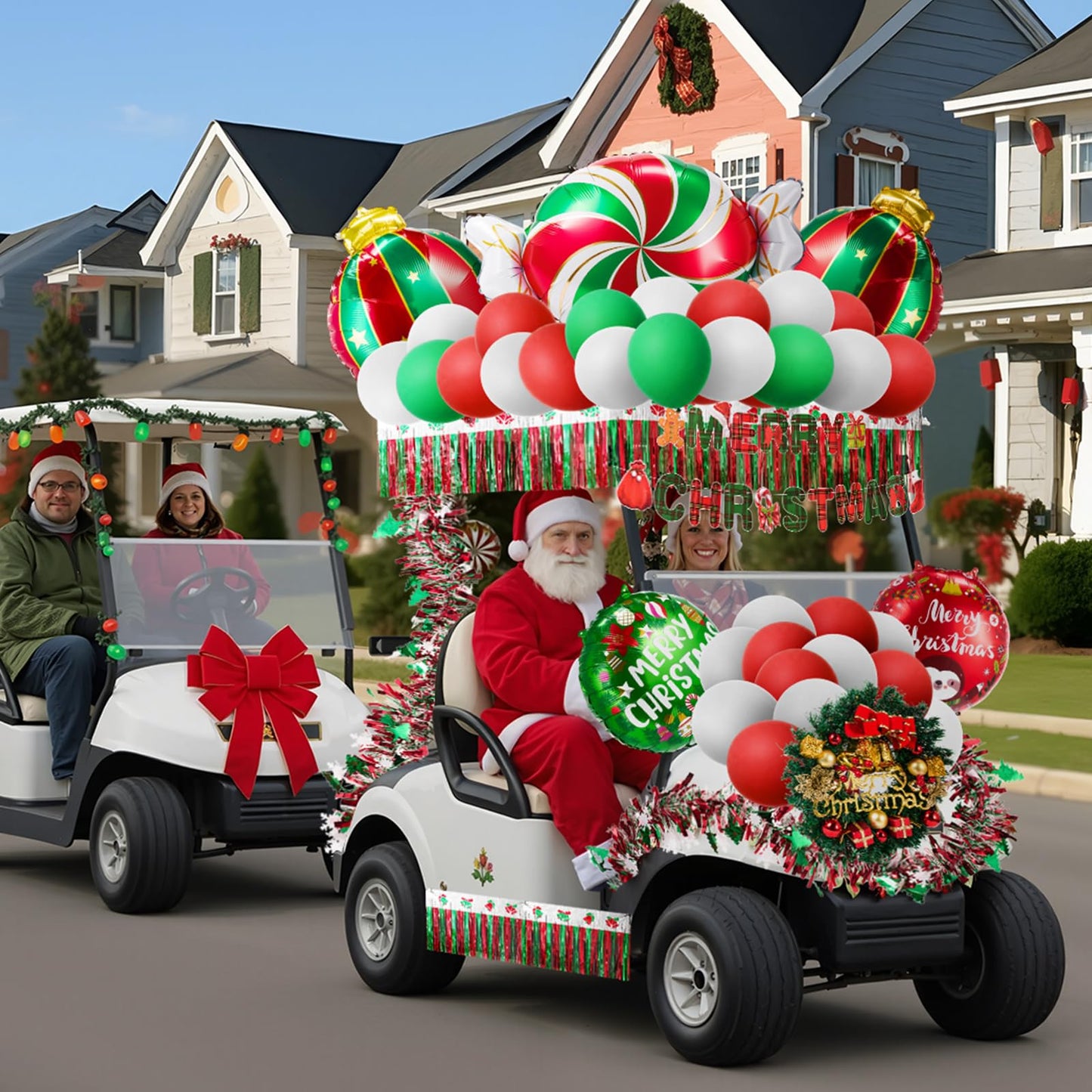 JolliLudo 68 Pcs Christmas Parade Golf Cart Decoration Kit with Red Green White Themed Tinsel Garland, Bows, Banner, Balloons and Stickers for Holiday Parade Party Supplies