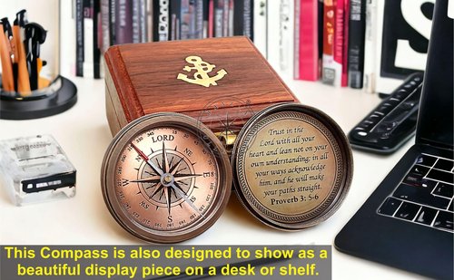 Trust in The Lord with All Your Heart - Proverbs 3: 5-6 Quote Engraved Compass with Wooden Box, Greeting Card, Gift Compass, Religious Gifts, Graduation Day Gifts 2025 for Women Men Boys Girls