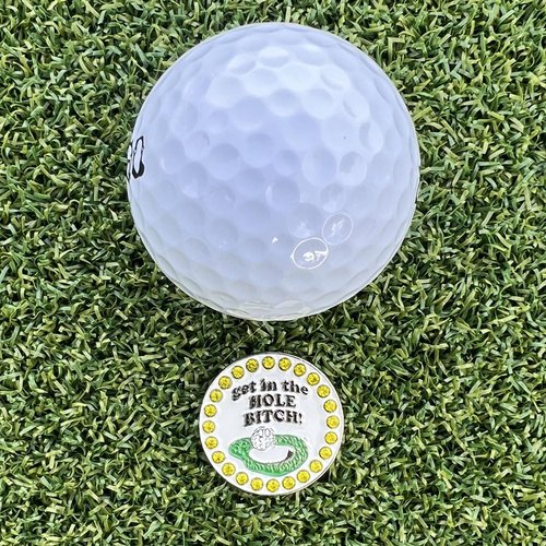 Giggle Golf Bling Golf Ball Marker with Magnetic Hat Clip – Get in The Hole Bitch Funny Sparkly Marker for Women Golfers – Fun Golf Gift with Organza Bag & Bonus Hand Cream