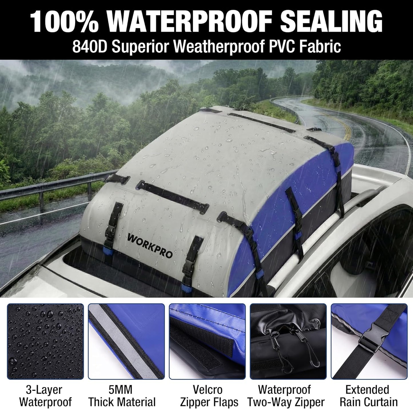 WORKPRO Rooftop Cargo Carrier - 21 Cubic Feet Waterproof Roof Bag for All Vehicles | Heavy Duty 840D PVC