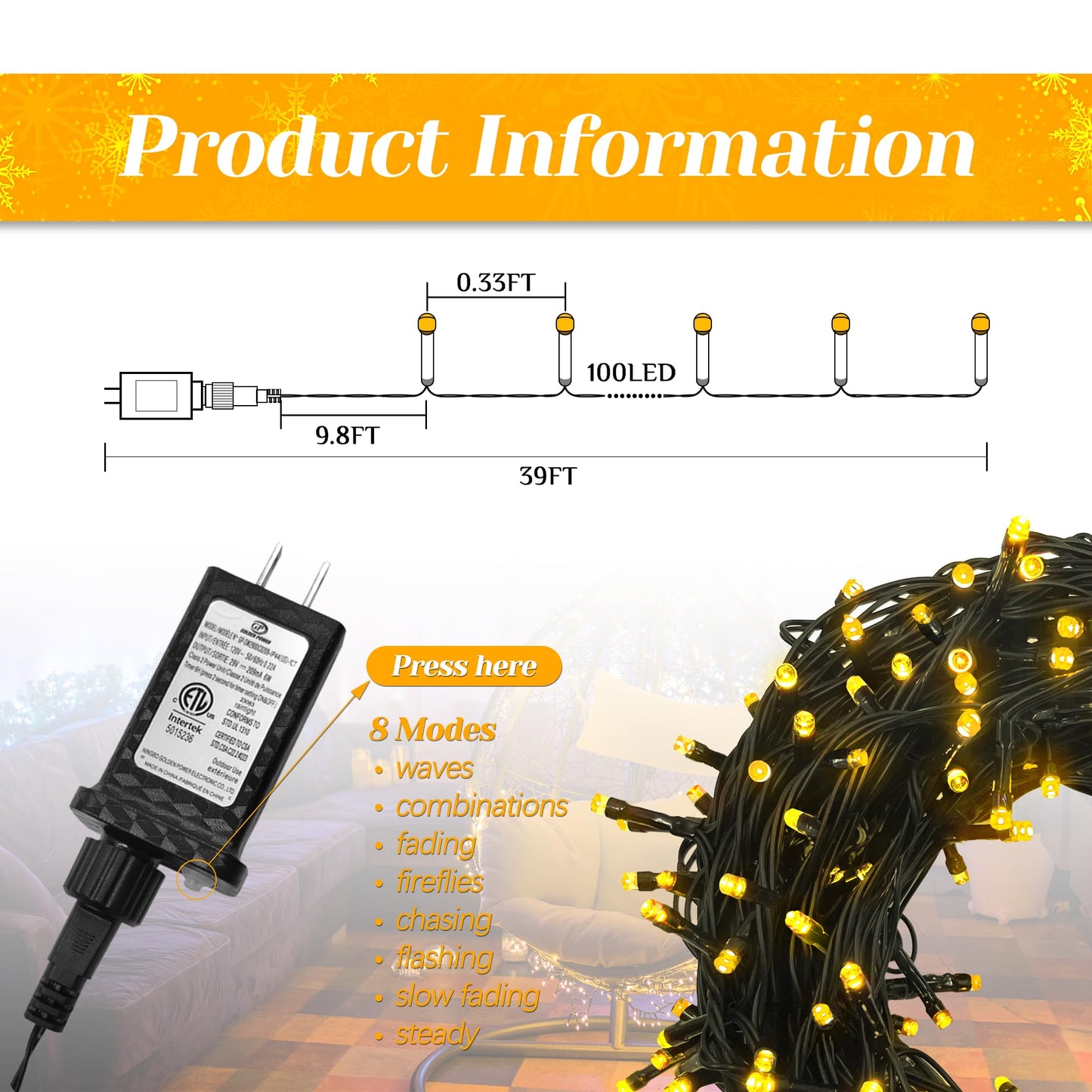 Flechllary 100 LED Christmas String Lights, 39FT Indoor Lights Plug-in with 8 Modes & Timer & Memory Function, Waterproof Christmas Lights Outdoor for Holiday Party Christmas Tree Decor