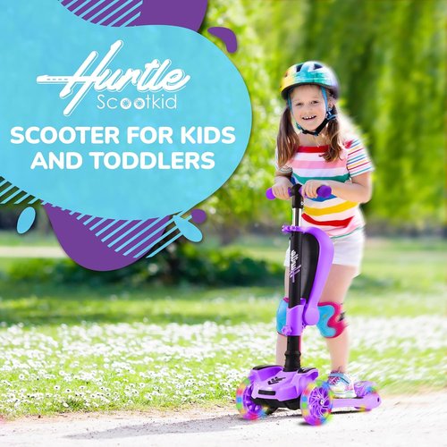 Hurtle 3-Wheeled Kids Scooter - LED Wheel Lights, Adjustable Handlebar & Foldable Seat | Sit or Stand Ride for Ages 1-14